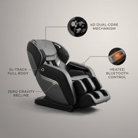 4D Deluxe Gray and Black Zero Gravity and Space Saving Faux Leather Heated Massage Chair with Sl-Track and Bluetooth — infographic