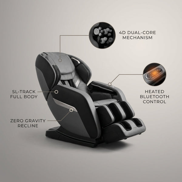 4D Deluxe Gray and Black Zero Gravity and Space Saving Faux Leather Heated Massage Chair with Sl-Track and Bluetooth — infographic
