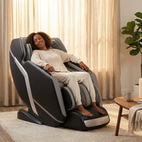 4D Deluxe Gray and Black Zero Gravity and Space Saving Faux Leather Heated Massage Chair with Sl-Track and Bluetooth — Lifestyle