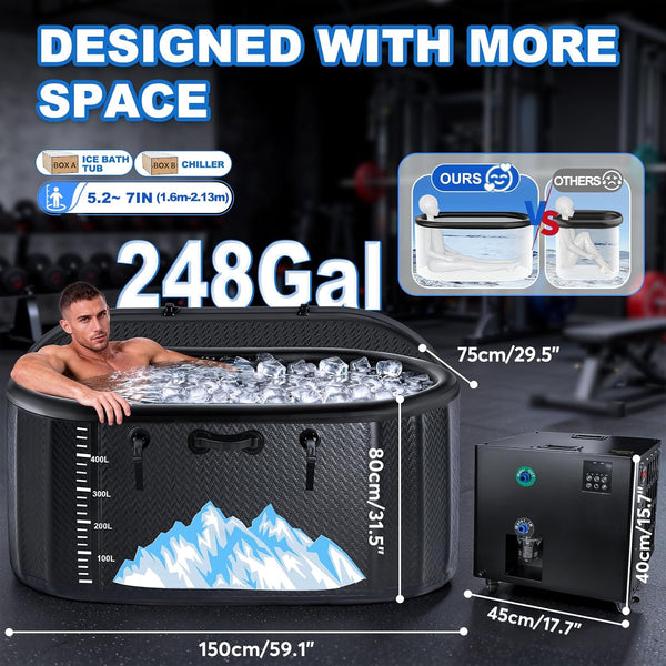 Cold Plunge Tub, 248 Gallon, 1 Horsepower, Heavy-Duty Ice Bath Tub for Athletes with Hot & Cold, Portable Inflatable Plunge Chiller with Water Kit, Immersion, Wifi (Black, 1 Set)